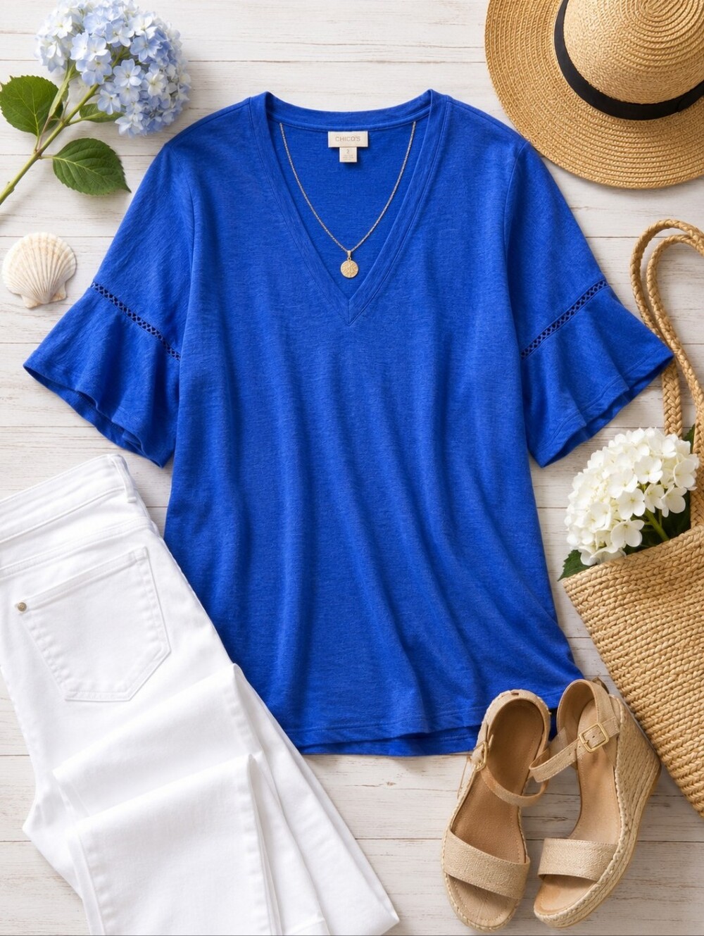 NWT Chico’s Linen Flutter Sleeve Top Blue Size 1 Medium Coastal Resort - Picture 2 of 9